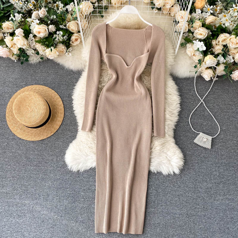 Trägerloses, geripptes, figurbetontes Strickkleid Damen Winter Langarm Midi Pullover Kleid