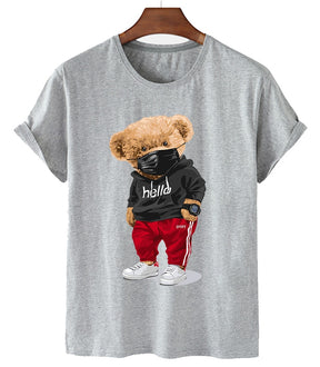 100% Cotton Sports Mask Bear Print Short-sleeved T-shirt Female Half-sleeved Casual Oversized T-shirt