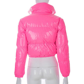 Faux PU Leather Y2K Bubble Puffer Winter Warm Jacket Women Long Sleeve Coats