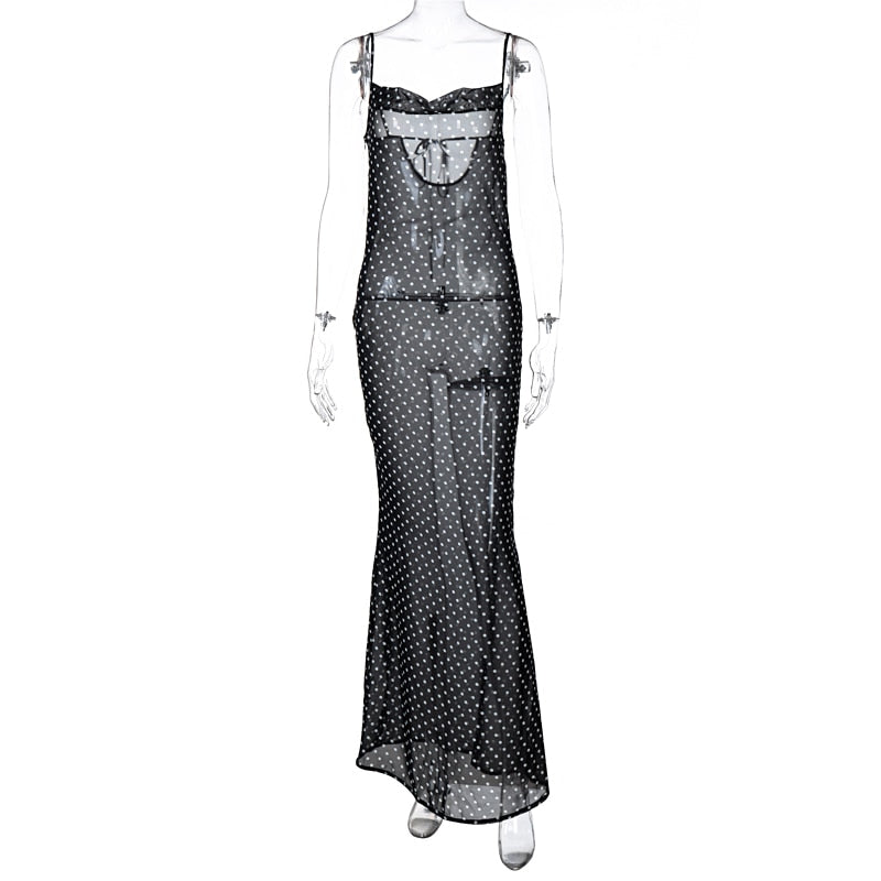 Sleeveless Zip Up Bandage Point Print Mesh See-Through Maxi Dress Sexy Clothings