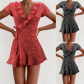 Summer Women’s Floal A-Line Dress Sweet Elegant Floral Ruffles V-neck Bandage Short Dress