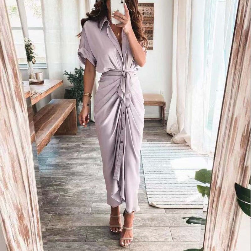 Women Summer Short Sleeve Slit Long Dress Turn-down Collar Elegant Button Draped Party Dresses