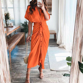 Women Summer Short Sleeve Slit Long Dress Turn-down Collar Elegant Button Draped Party Dresses