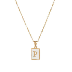 18K Golden Chain Necklaces Male Square Natural Shell Initial Letters Pendant Stainless Steel Jewelry