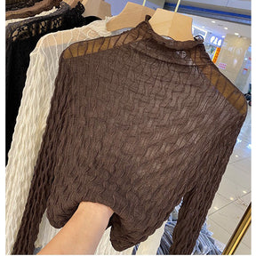 Women Lace Mesh High Collar Bottom T-shirts Female Long Sleeve Casual Style Tight Thin Tops