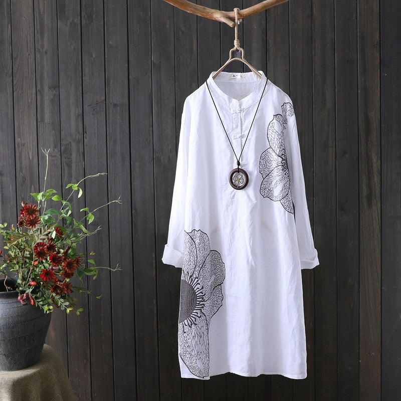 Cotton Shirt Long Sleeve Embroidery Blouse Stand Collar Loose Long Top Office Lady Casual Wear