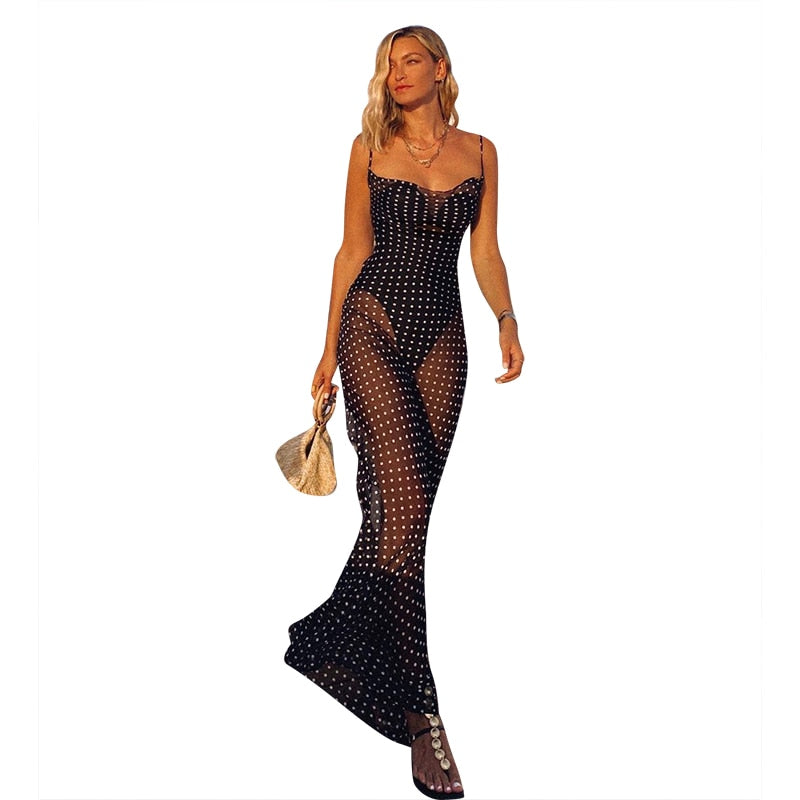 Sleeveless Zip Up Bandage Point Print Mesh See-Through Maxi Dress Sexy Clothings