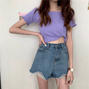 Women Off Shoulder T-shirts Knitted Ruffles Hem Crop Tops Short Sleeve T-shirts