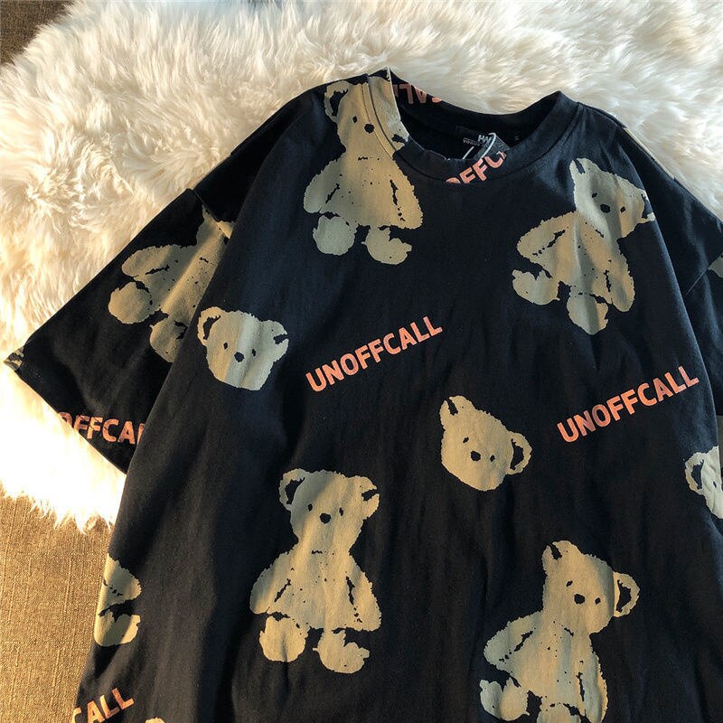 Summer Full Print Cartoon Bear Kawaii Short-Sleeved  T-Shirt Loose Harajuku Casual