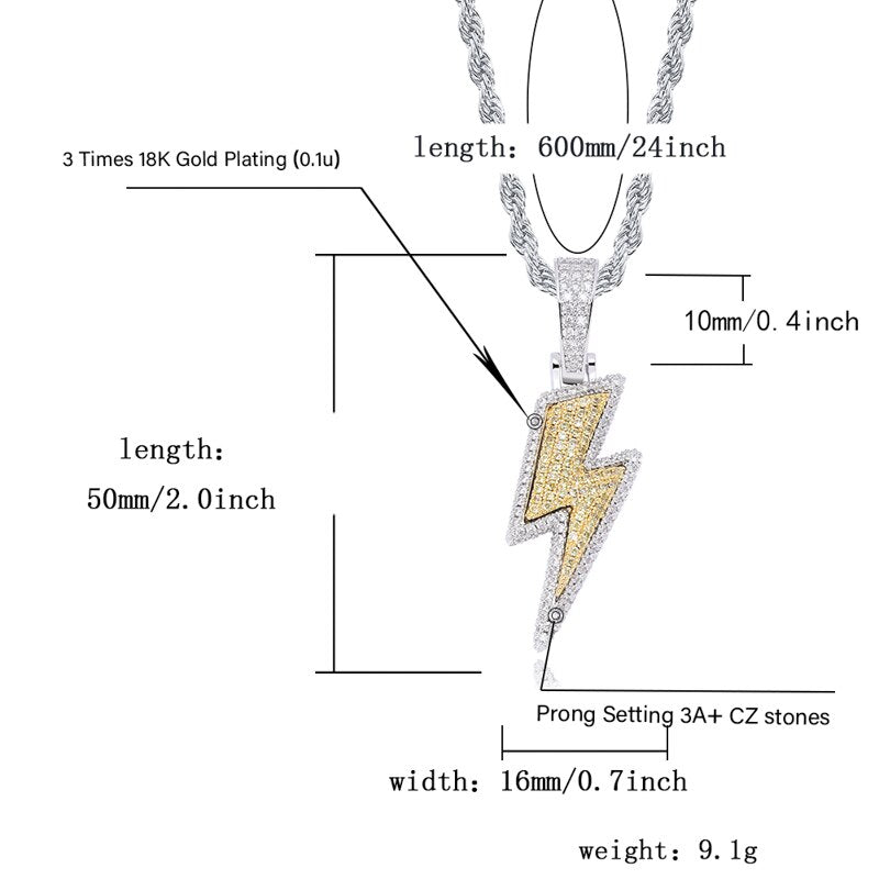 Iced Out Bling Lightning Pendants With Tennis Chain Copper Material Men's Hip Hop Jewelry Gift