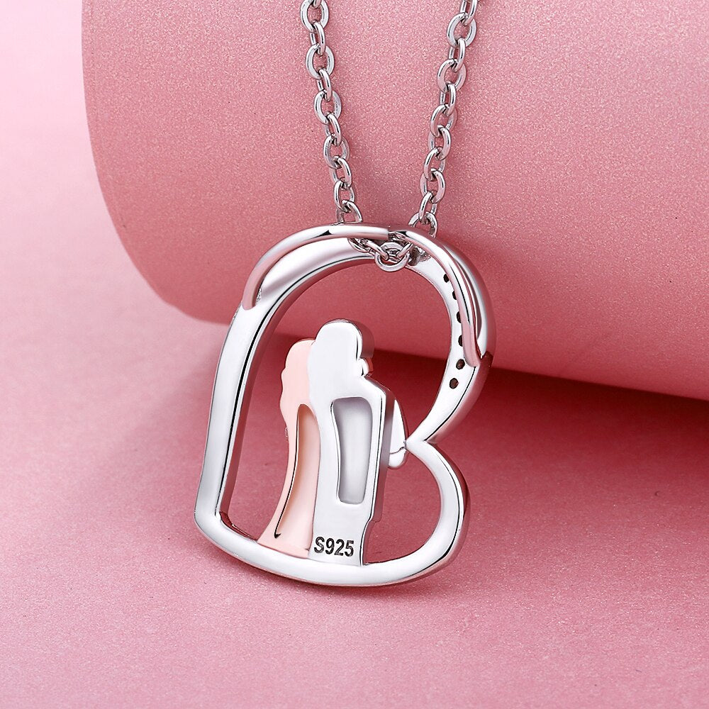 Rose Couple Heart Love Pendant Chain 925 Sterling Silver Husband hugged Wife Necklace for Women Fine Jewelry Valentine Gift