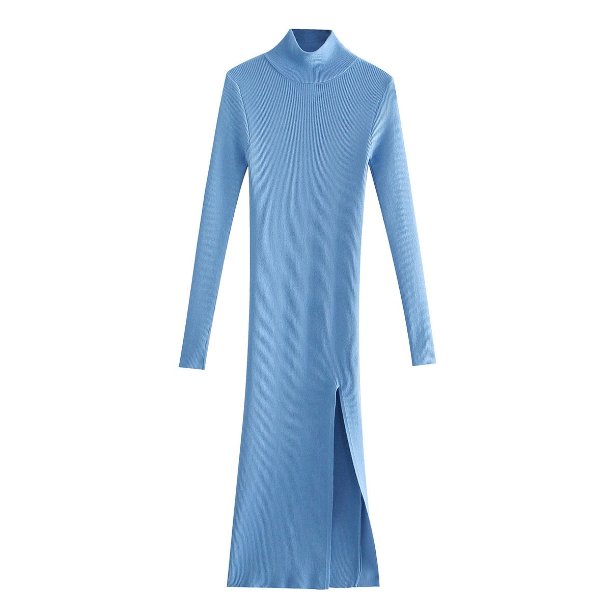 Long Sleeves High-Neck Elastic Midi Dress Lady Knit Sweater Dresses