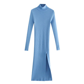 Long Sleeves High-Neck Elastic Midi Dress Lady Knit Sweater Dresses