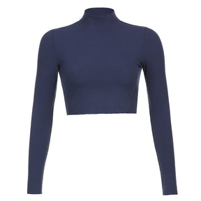 Solid Turtleneck Cropped T Shirt Women Autumn Casual Long Sleeve Ladies Skinny Basic