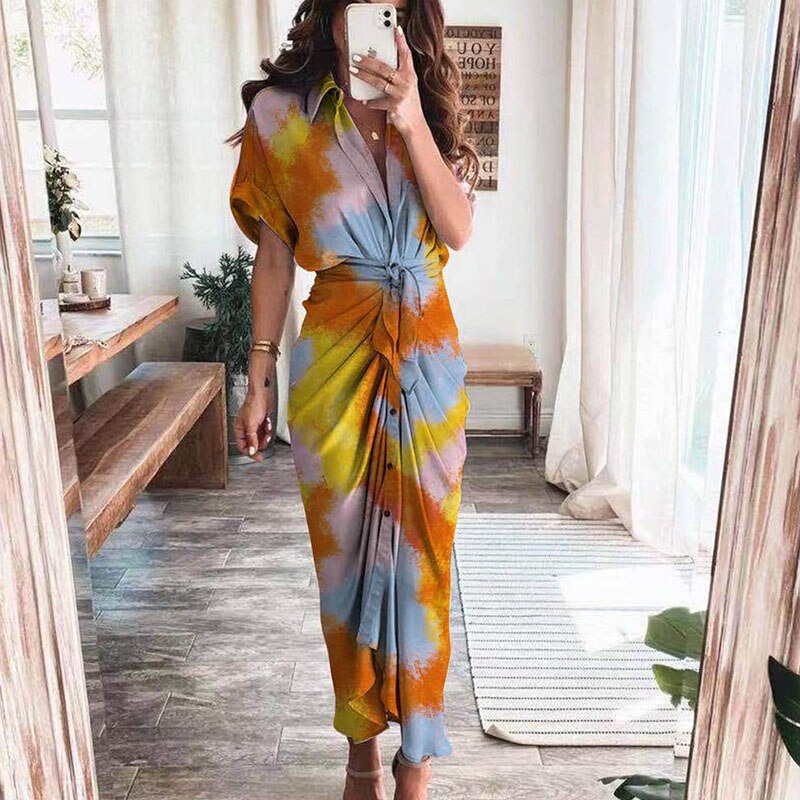 Women Summer Short Sleeve Slit Long Dress Turn-down Collar Elegant Button Draped Party Dresses