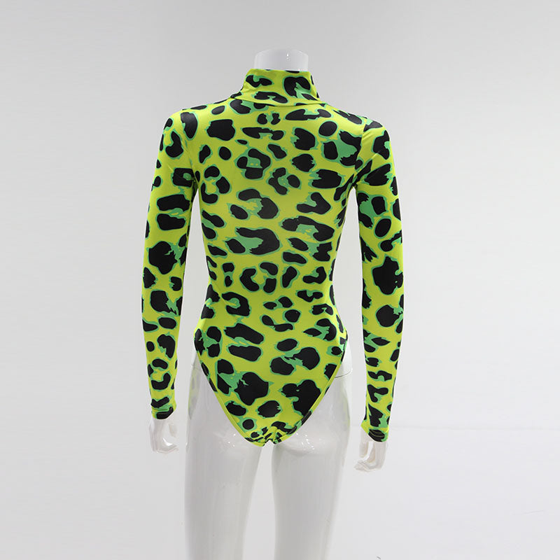 Women Long Sleeve Leopard Skin Prinetd Bodysuit Sexy Neon Green Streetwear Jumpsuit