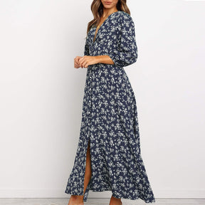 Women Chiffon Long Dress Floral Print Lantern Sleeve A-line Maxi Vestidos Vintage V Neck Dresses