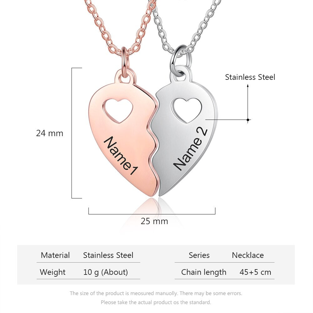 Name Engraving BFF Necklace Customized Rose Gold Silver Color Heart Couple Pendants