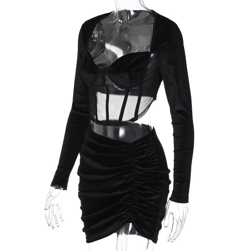 Velvet Mesh Long Sleeve Corset Out Crop Top Ruched Mini Dress 2 Pcs Set Bodycon