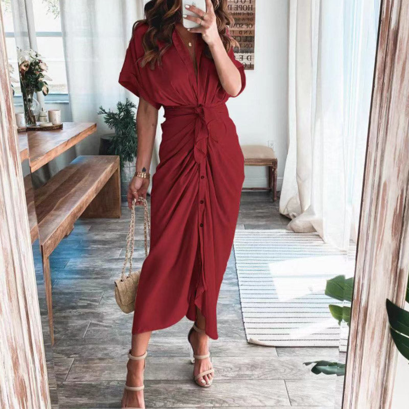 Women Summer Short Sleeve Slit Long Dress Turn-down Collar Elegant Button Draped Party Dresses