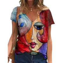 V Neck Tshirt Women's Summer Print Shirt Tops Loose Female Tee Streetwear Short Sleeve Clothes