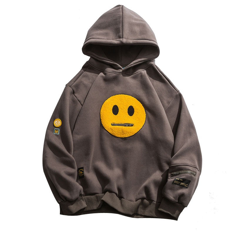 Zipper Pocket Smile Face Patchwork Fleece Hoodies Sweatshirts Streetwear