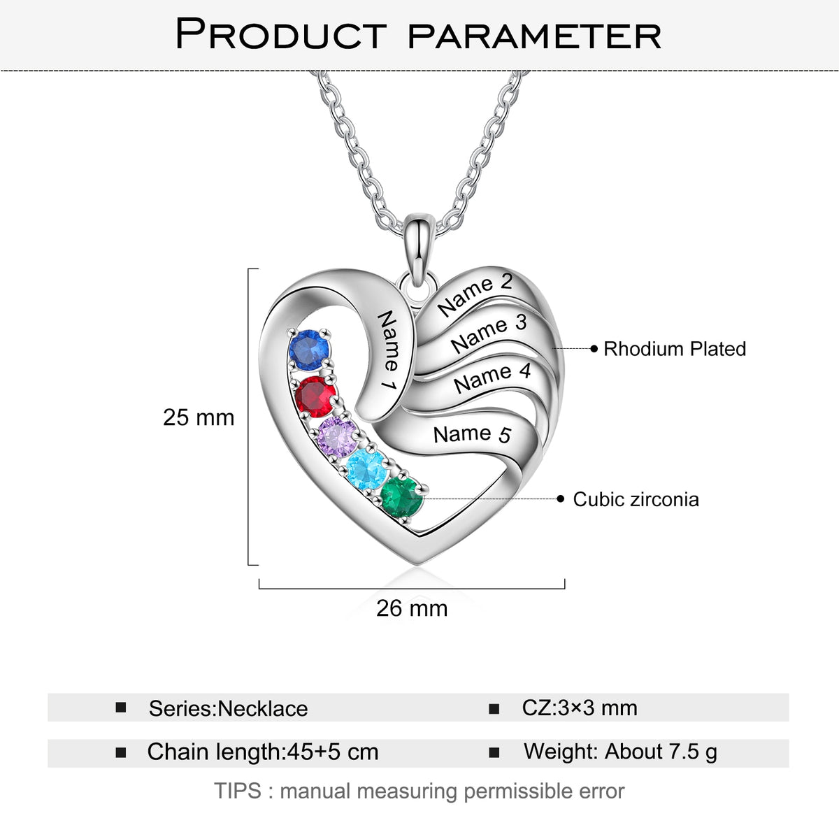 2-5 Namen Customized Birthstone Fashion Memorial Heart Halskette