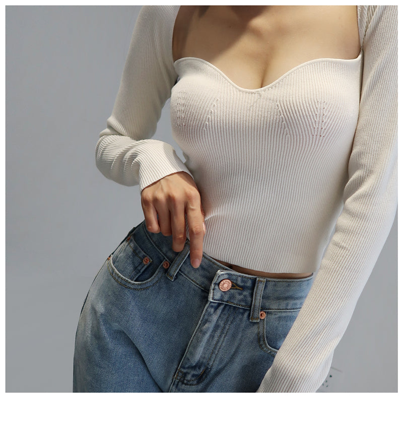Magliette lavorate a maglia con scollo quadrato vintage francese da donna T-shirt pullover a maniche lunghe skinny da donna