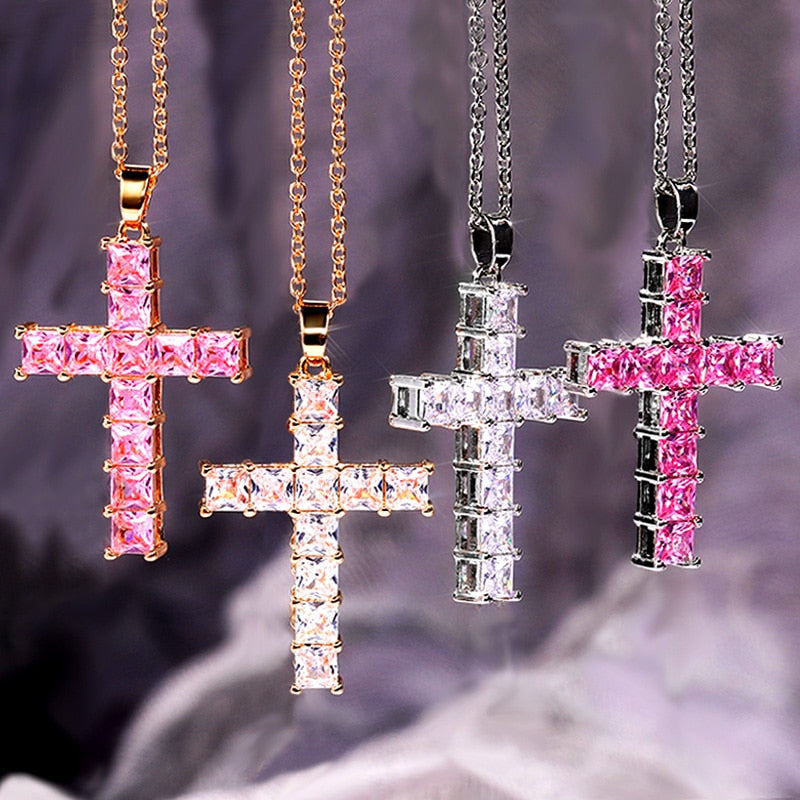 Cross Necklace Female Inlaid White/Pink Cubic Zirconia Fashionable for Party Jewelry