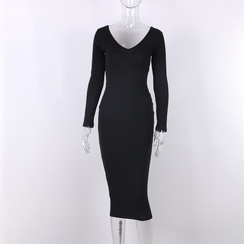 Sexy, figurbetontes Midi-Frauenkleid, gestrickt, mit langen Ärmeln, V-Ausschnitt, Party, elegante Robe, Damenkleider