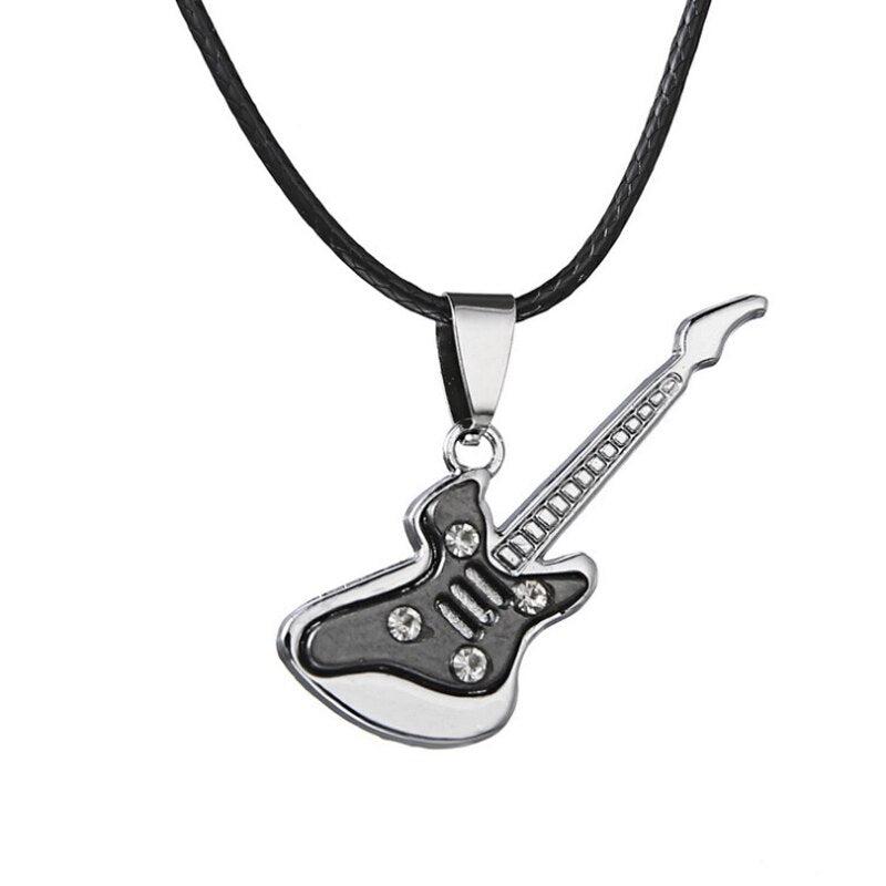 Love Music Exquisite Guitar Shaped Pendant Leather Rope Clavicle Chain Jewelry