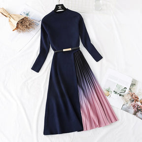 Knitted Patchwork Gradient Print Pleated Dress Long Sleeve Office One-Piece Sweater Dress With Belt