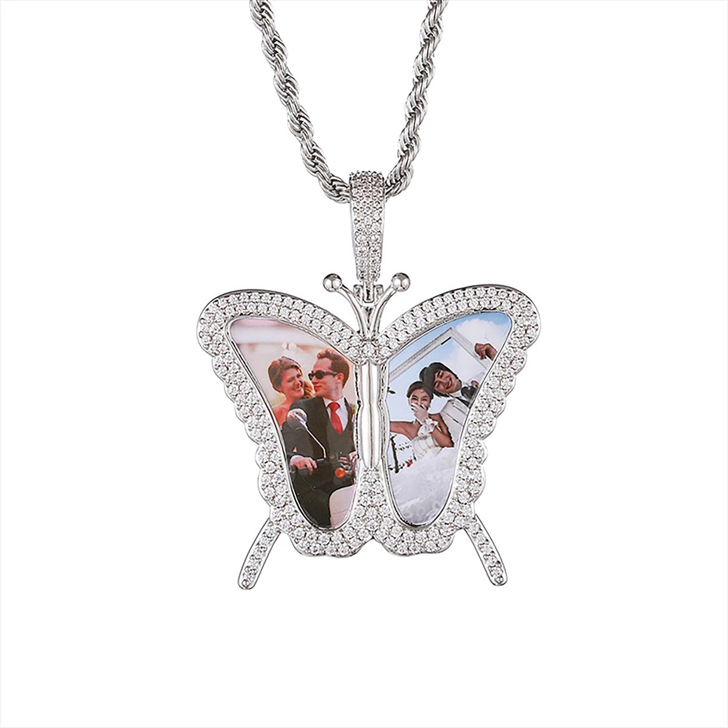 Personalisierte Schmetterlings-Medaillon-Halskette zum Öffnen von zwei Foto-Anhängern