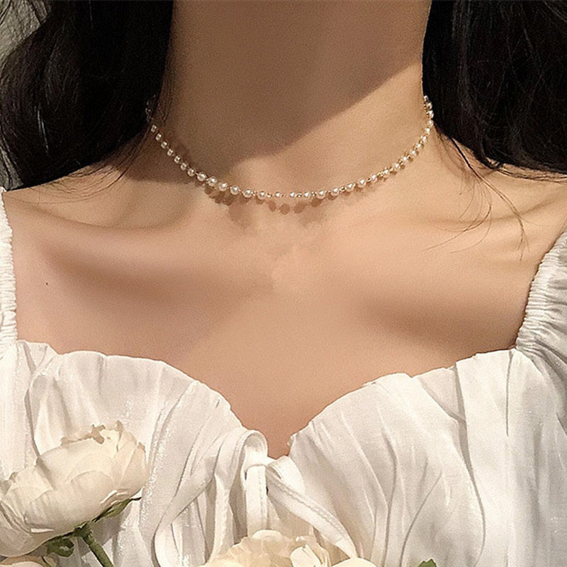 Beads Women's Neck Chain Kpop Pearl Choker Necklace Gold Color Jewelry On The Neck Pendant