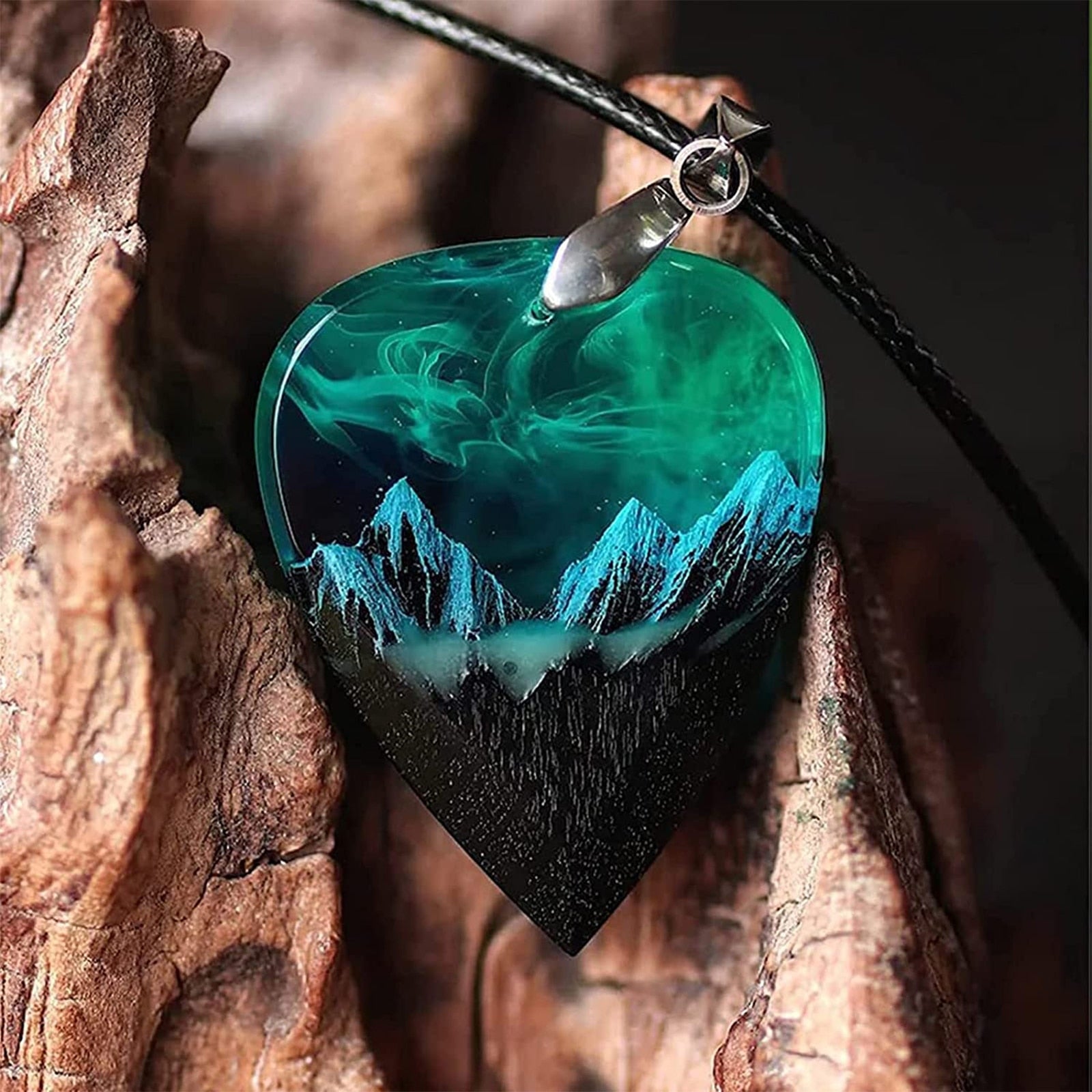 Epoxy Resin Necklace Wooden Pendant Mountains Heart Pendants Paired