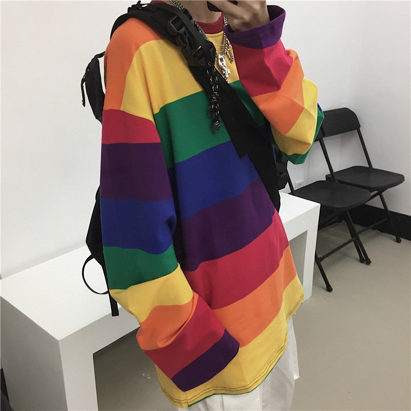 Rainbow Striped Women T Shirts Harajuku Fashion Tops Long Sleeves Oversize Tshirt O-Neck