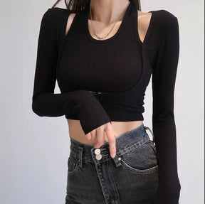 Fake Two Piece Halterneck Knitted Tops Women Tops Long Sleeved T-shirt Female