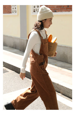 Brown Corduroy Jumpsuits Women Autumn Straight Baggy Loose Casual Wide Leg Trousers Female