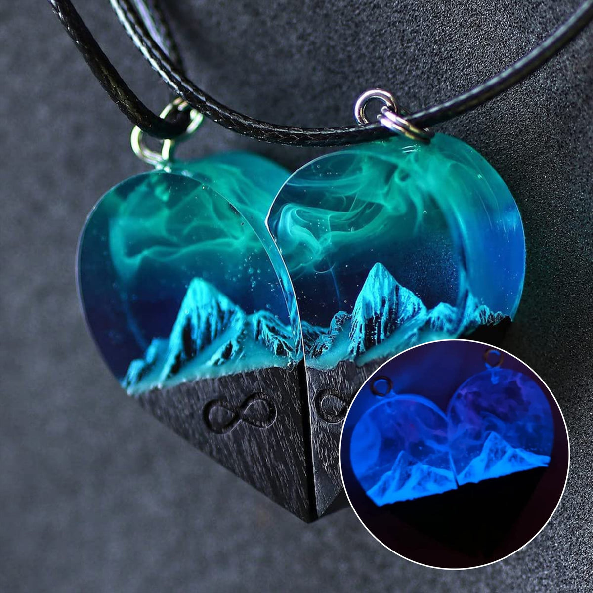 Epoxy Resin Necklace Wooden Pendant Mountains Heart Pendants Paired