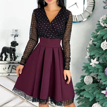 Glänzendes Pailletten-Diamant-Mesh-Stitching-Kleid-Frauen-Frühlings-Herbst-bloße lange Hülsen-Gürtel-dünne A-Linien-Kleider