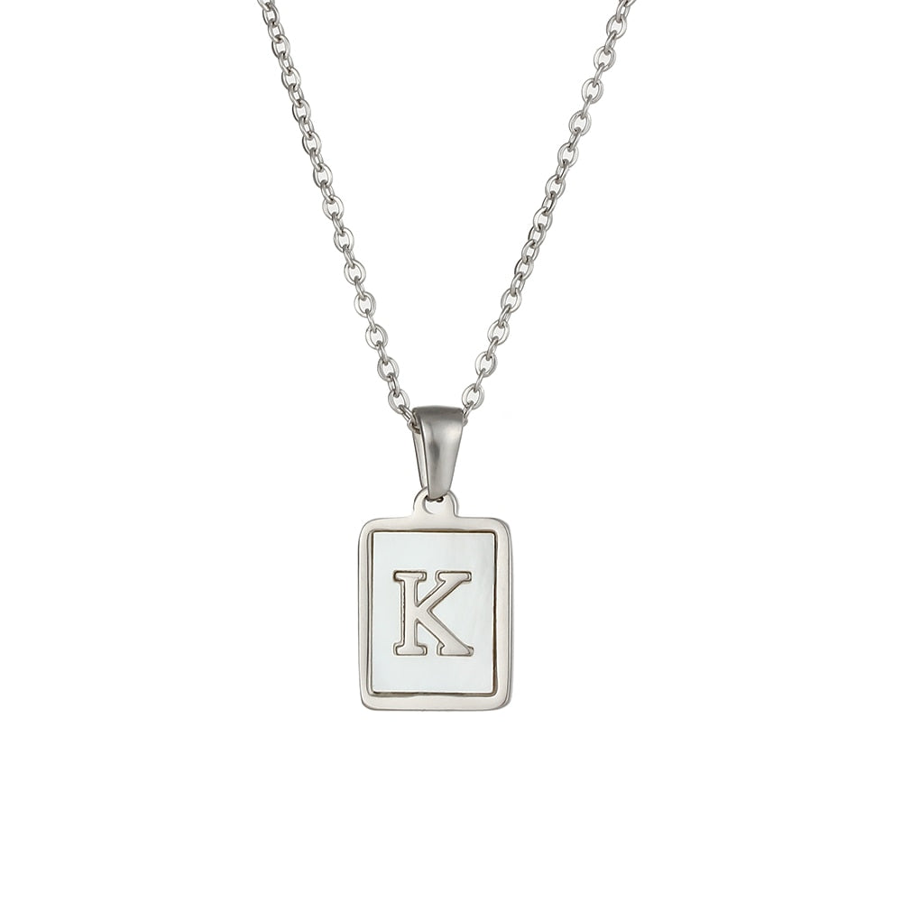 18K Golden Chain Necklaces Male Square Natural Shell Initial Letters Pendant Stainless Steel Jewelry