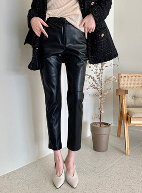 Spliced Loose Leather Pants Women Zipper PU Leather Trousers Women