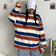 Rainbow Striped Women T Shirts Harajuku Fashion Tops Long Sleeves Oversize Tshirt O-Neck