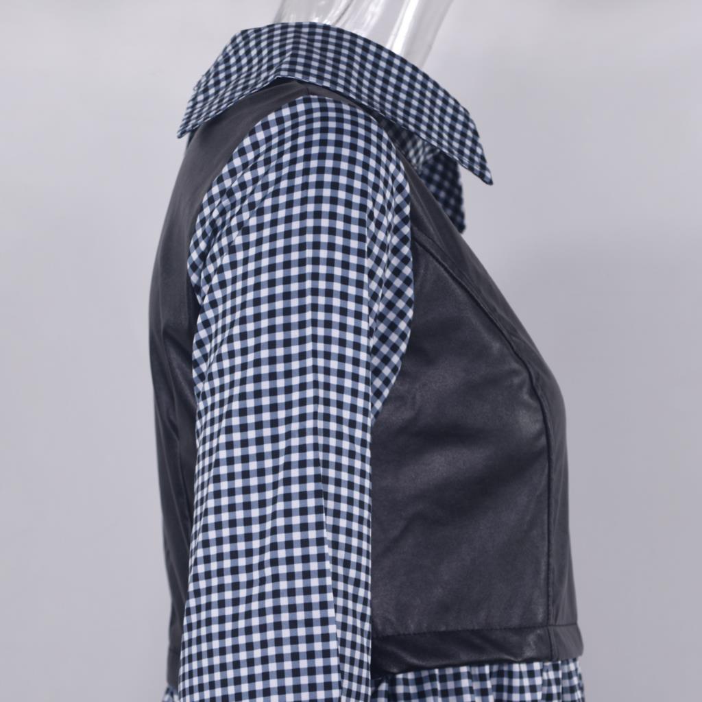 Langarm-Mini-Hemdkleid für Frauen Weiß 2022 Frühlings-PU-Leder-Patchwork-Plaid-Kleider