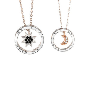 couple silver color ring sun and moon two-color pendant necklace jewelry gift