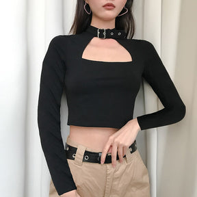 Buckle Halterneck Sexy Womens T Shirt Harajuku Long Sleeve Crop Top Streetwear Basic Tshirt