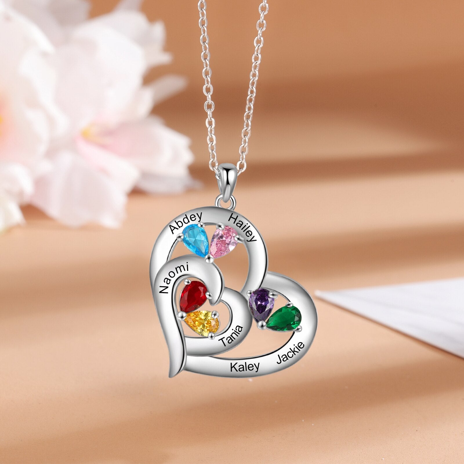 Personalized 1-6 Name Engraving Heart Pendant DIY Birthstone Necklace