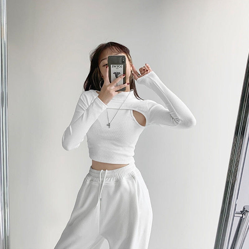 Hollow Knitted Crop Tops Women New Fitness Fake Two-piece T-shirt Female Long Sleeve Tops