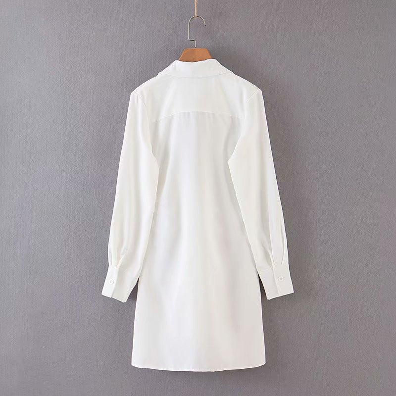 mini dress summer long sleeves women irregularity pleated vocation style loose white shirtdress