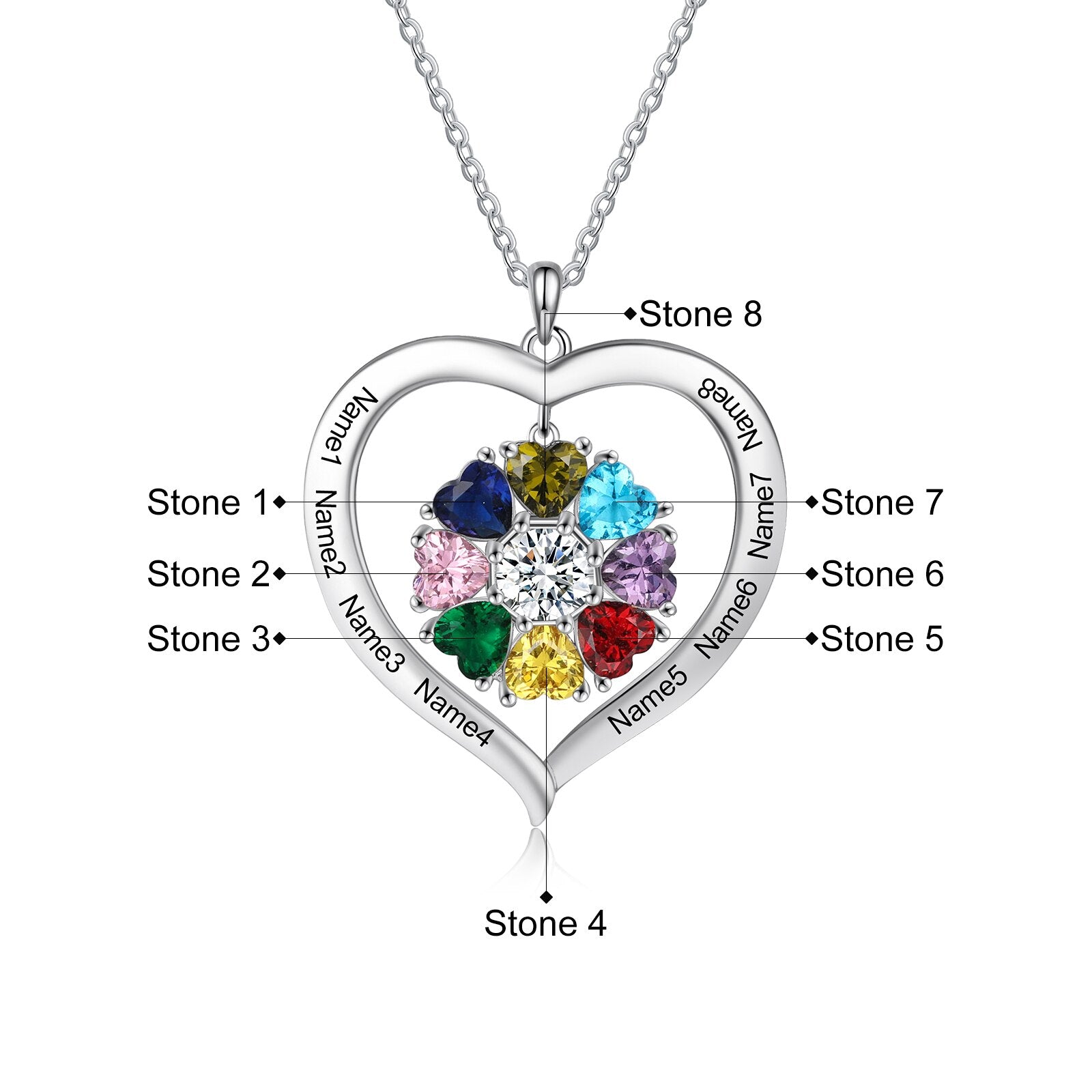 Personalized Heart Name Necklace with 1-8 Engraving Birthstone Pendant